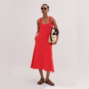 ME+EM Red Sleeveless Toweling Midi Dress with Square Neck